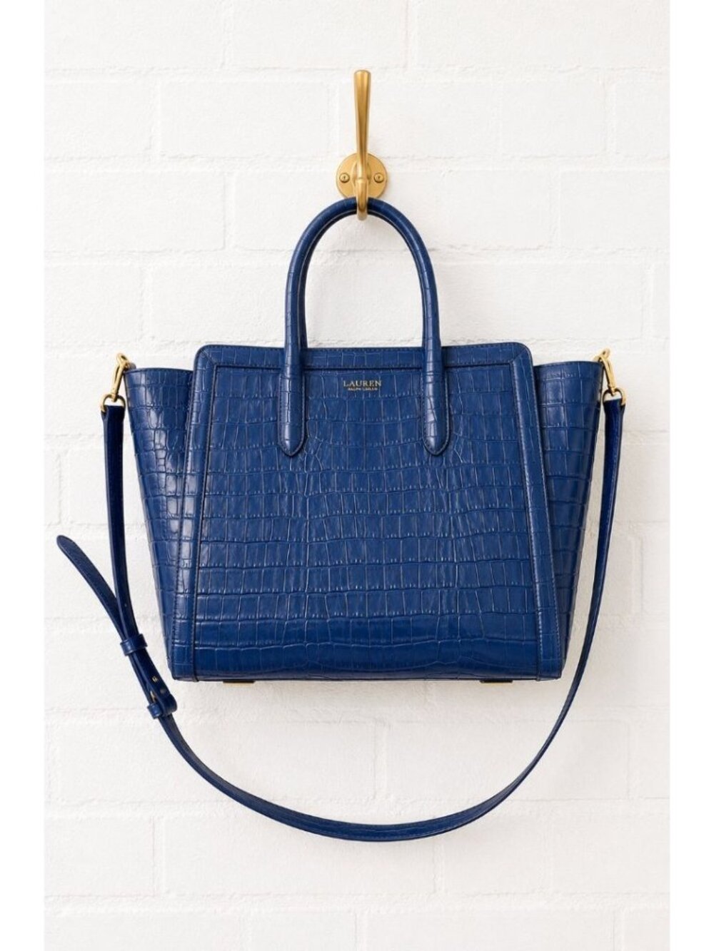 Lauren Ralph Lauren Blue Leather Croc Embossed Large Tote Bag Quiet Luxury